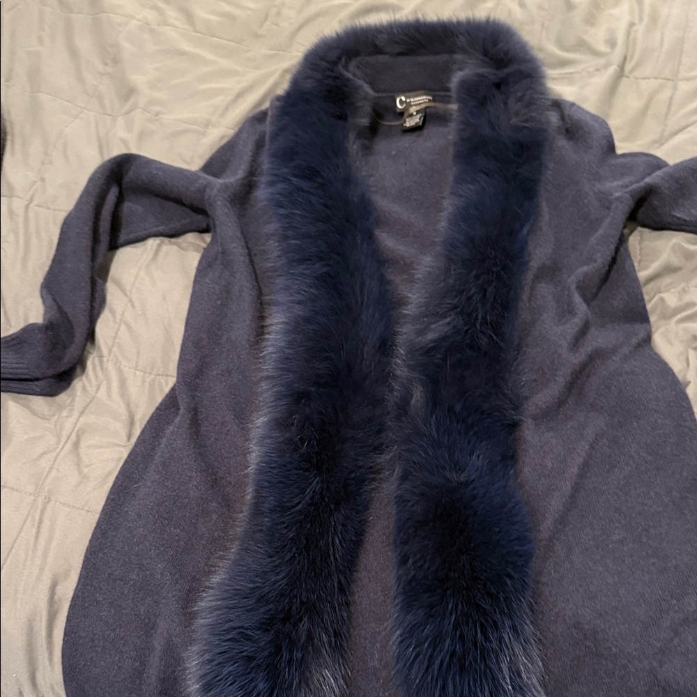 Bloomingdale's Cashmere long  Cardigan in Navy with natural fox fur